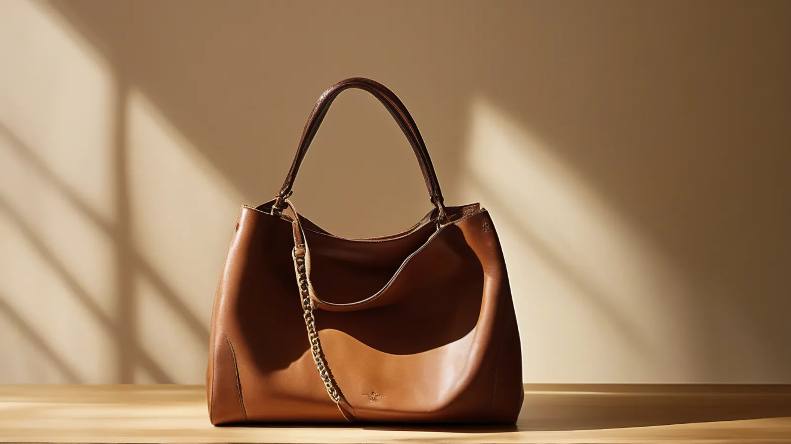 COACH 品牌定位與年輕化示意圖，一只焦糖色皮革手袋放在明亮的木桌上，象徵重新定位後在精品熊市逆勢成長